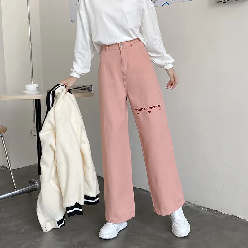 Pink Heart High Waist Loose Relaxed Jeans Pants