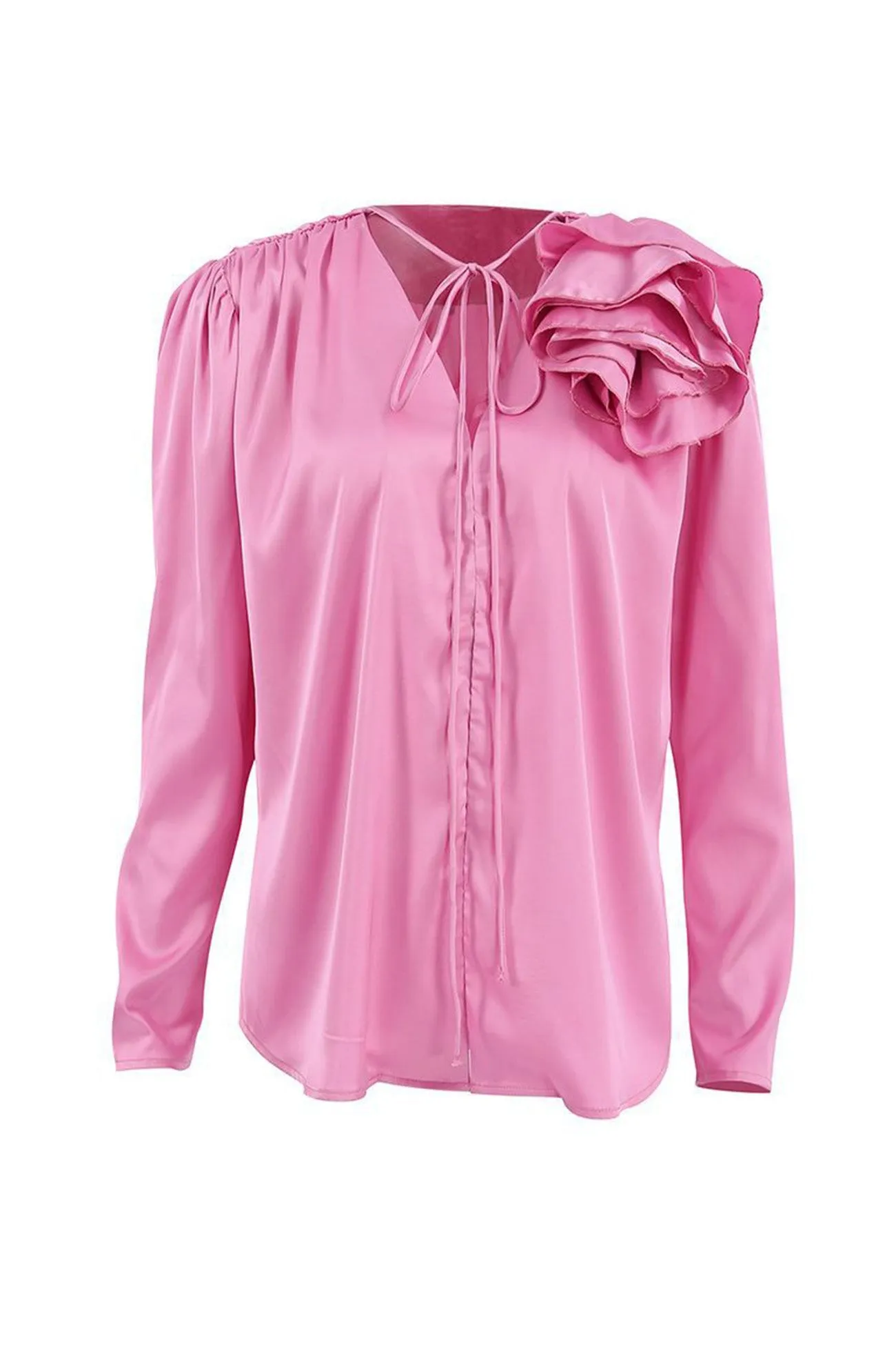 Pink V Neck Ruched Floral Lace-Up Blouse