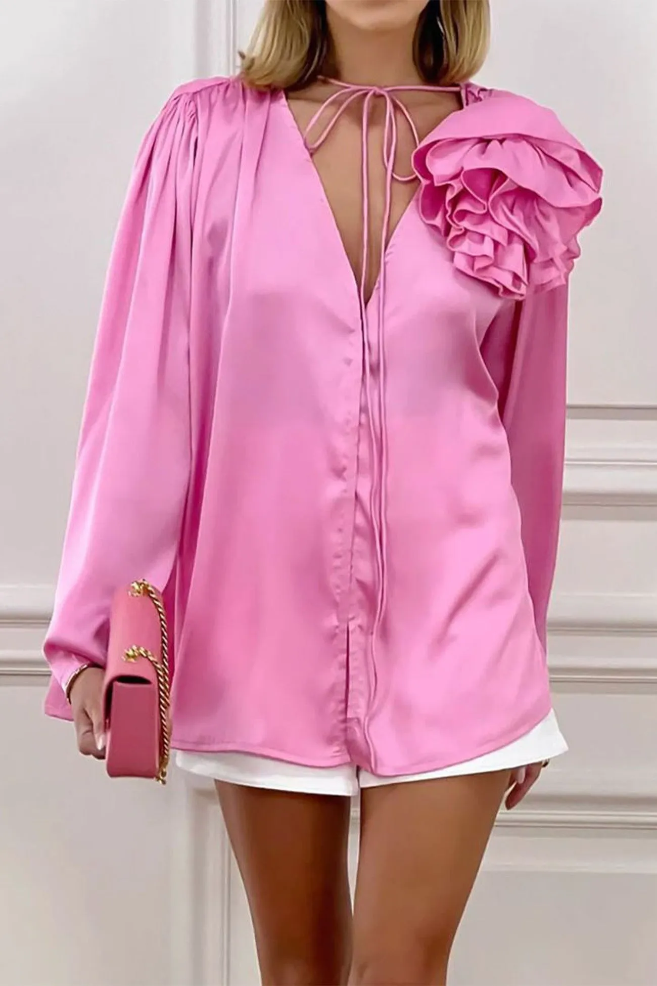 Pink V Neck Ruched Floral Lace-Up Blouse