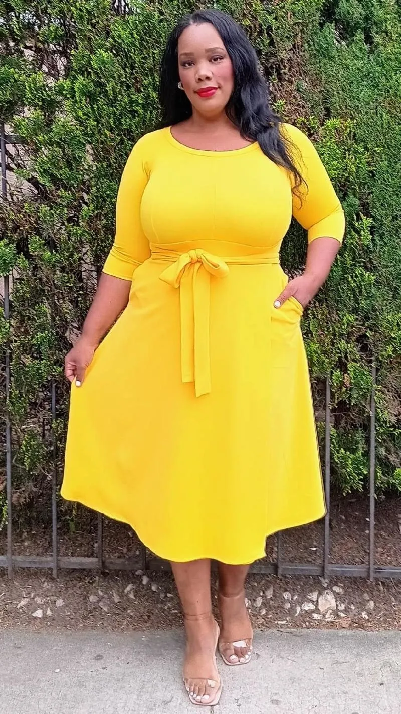 Plus Size Round Neck Flare Midi Dress With Belt and pockets