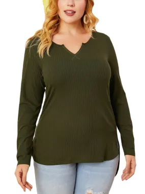 Plus Size Women V-Neck High Low Hem Plain Long Sleeve Blouses