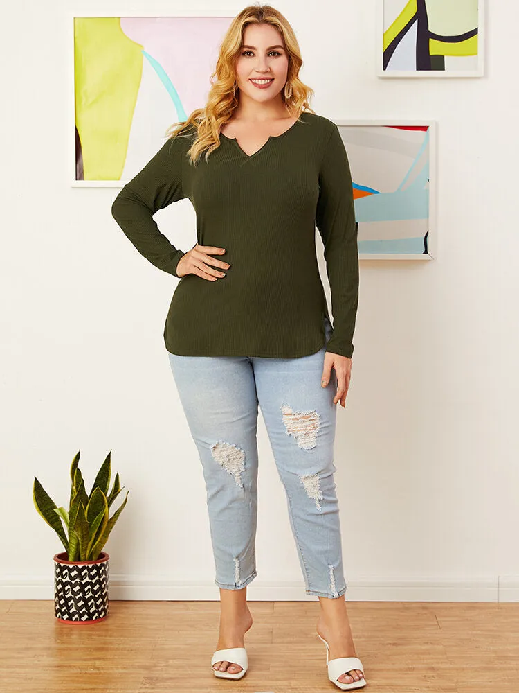 Plus Size Women V-Neck High Low Hem Plain Long Sleeve Blouses