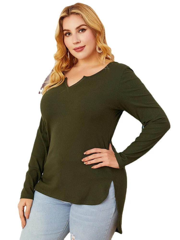 Plus Size Women V-Neck High Low Hem Plain Long Sleeve Blouses