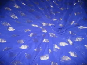 Polyester georgette fabric with metalic silver &amp; gold jacquard~Royal Blue colour