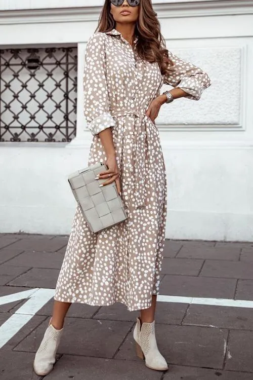 Print Button Bleted Long Sleeve Shirt Dress