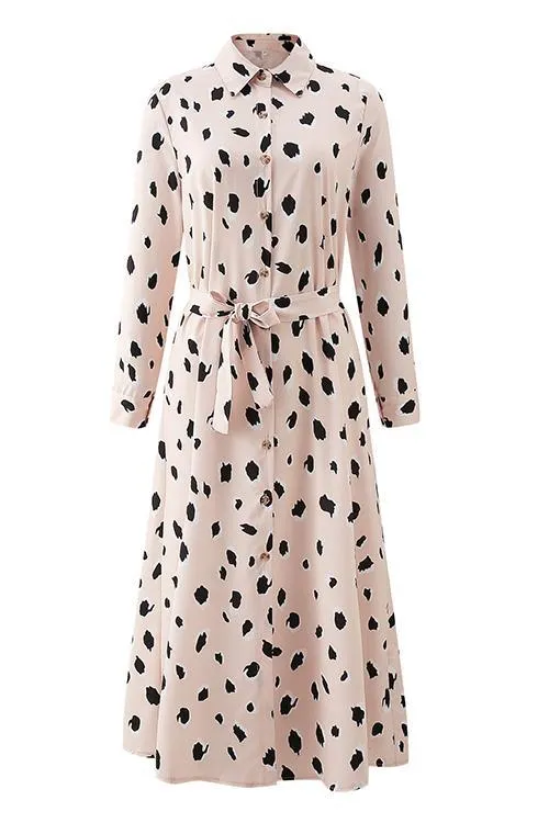 Print Button Bleted Long Sleeve Shirt Dress