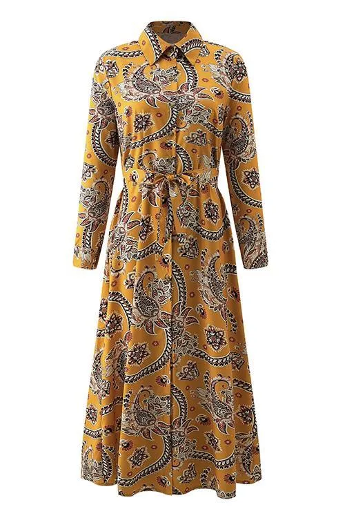 Print Button Bleted Long Sleeve Shirt Dress