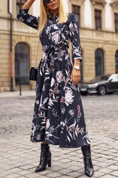 Print Button Bleted Long Sleeve Shirt Dress