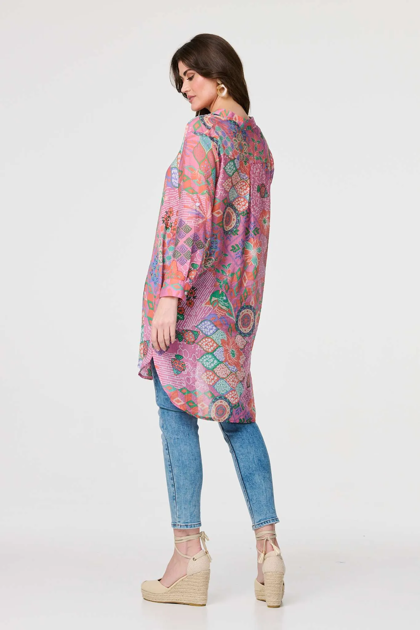 Printed Semi Sheer Longline Blouse