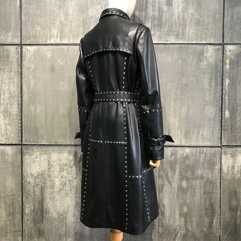 Rivet long leather trench coat