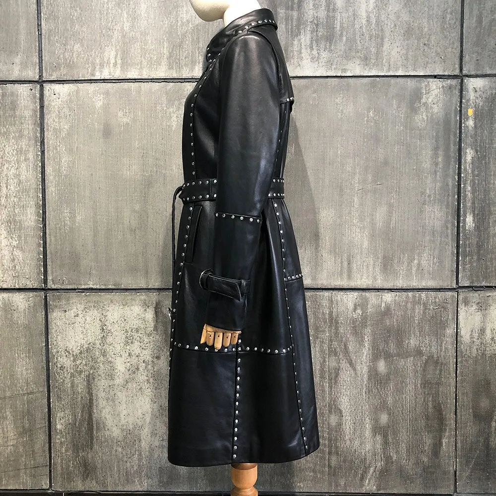 Rivet long leather trench coat