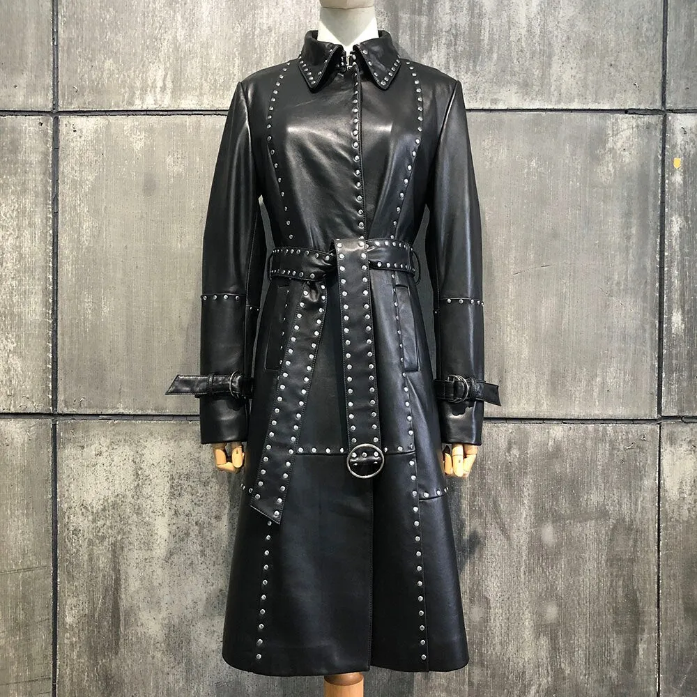 Rivet long leather trench coat