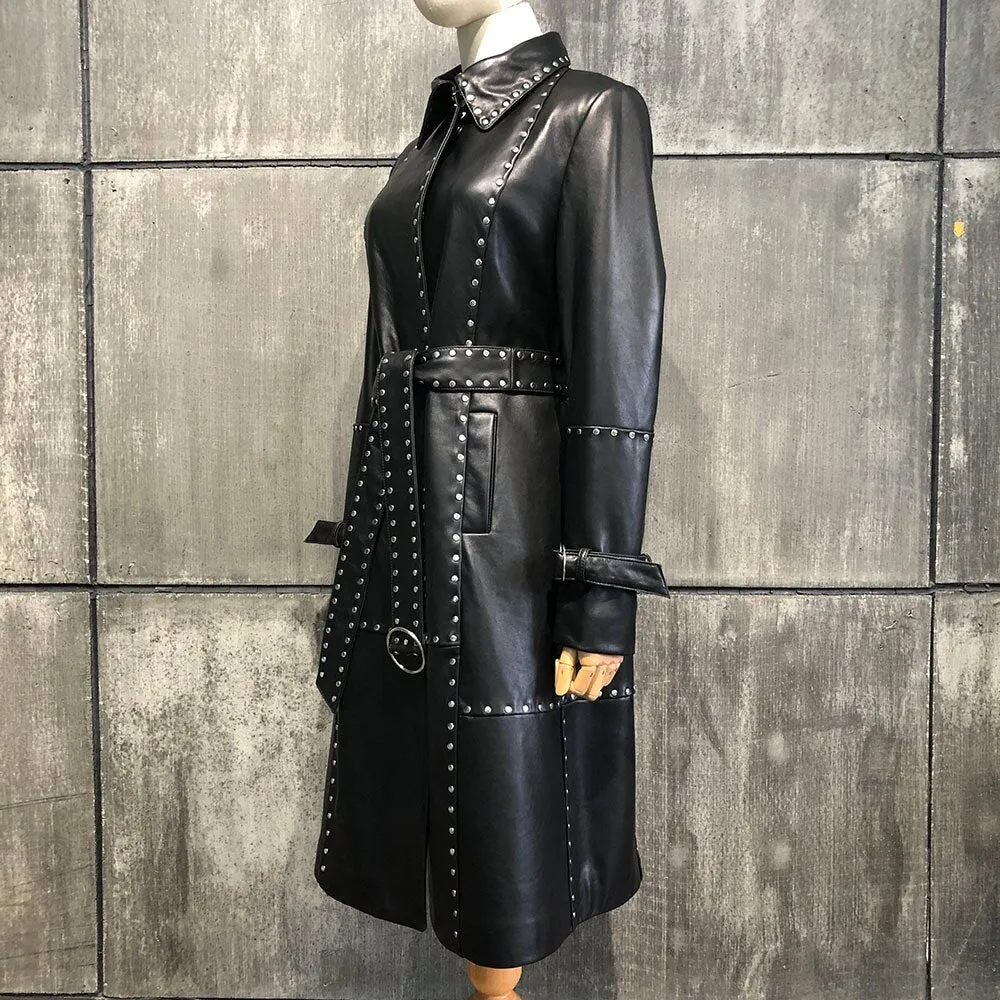 Rivet long leather trench coat