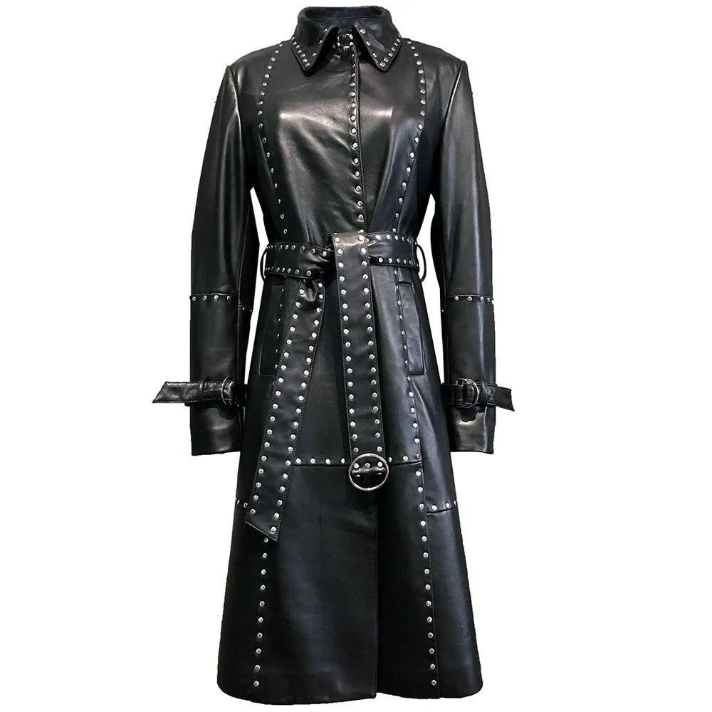 Rivet long leather trench coat