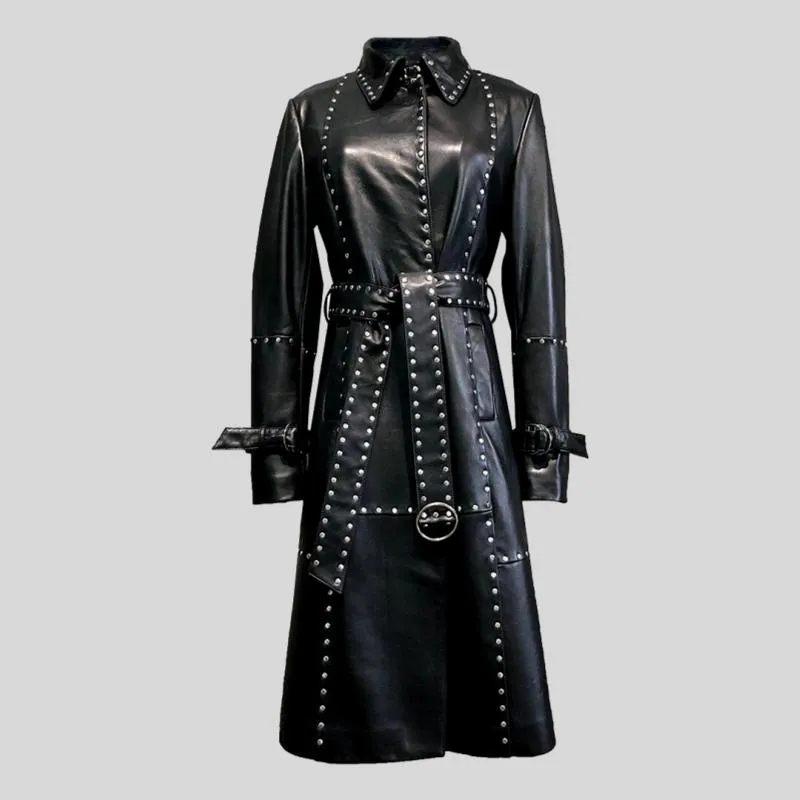 Rivet long leather trench coat