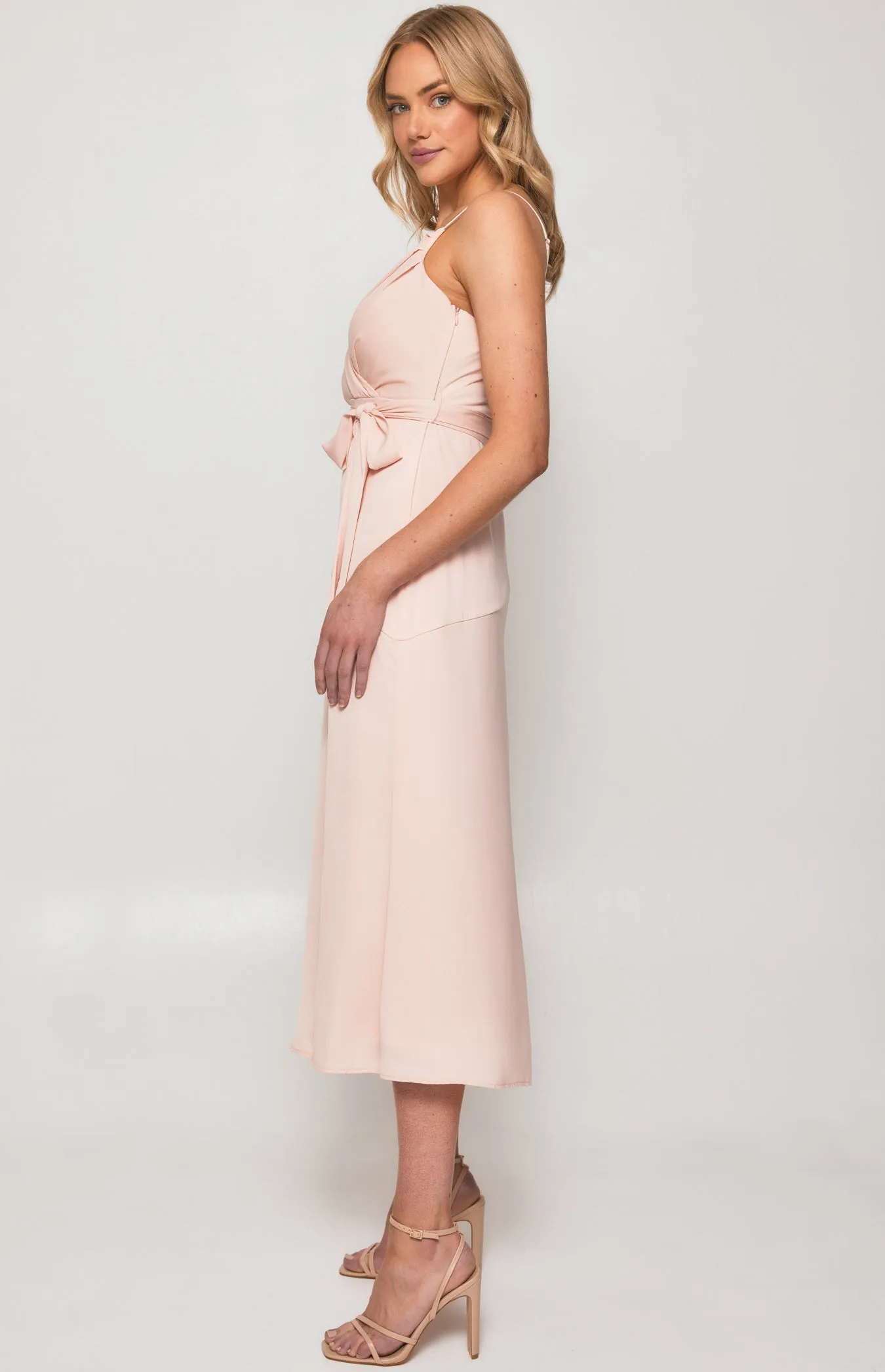 Satin Midi Dress with Pleated Front Detail and Split