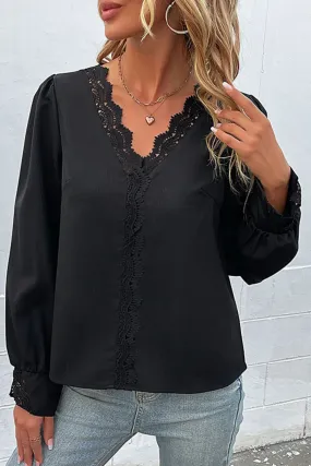 Scalloped Lace Trim Puff Sleeve V-Neck Blouse