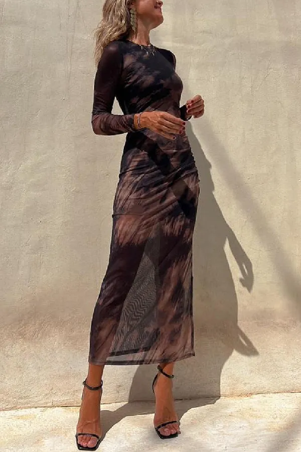 Sexy Tie Dye Print Mesh Slim Stretch Long Sleeve Dress