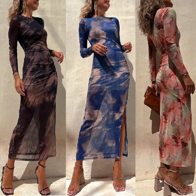 Sexy Tie Dye Print Mesh Slim Stretch Long Sleeve Dress