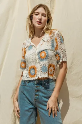 Short Sleeve Button Front Crochet Top