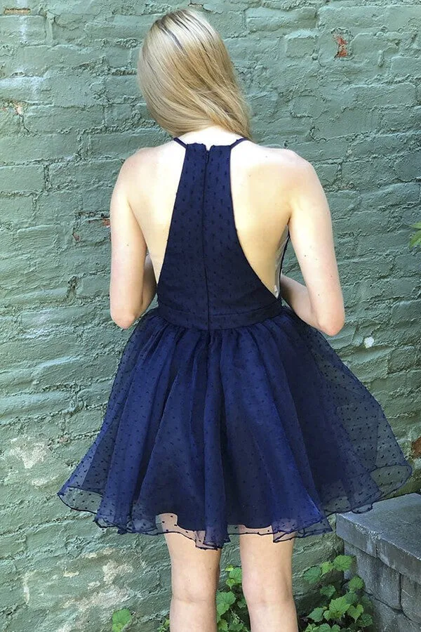 Simple Mini Dark Navy Halter Short Homecoming Dresses, SH549