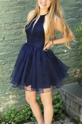 Simple Mini Dark Navy Halter Short Homecoming Dresses, SH549