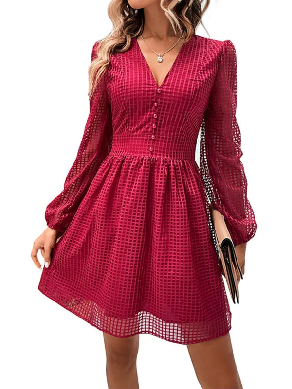 Square Mesh Lantern Sleeve V-Neck Swing Mini Dress