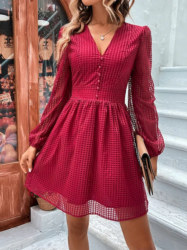 Square Mesh Lantern Sleeve V-Neck Swing Mini Dress