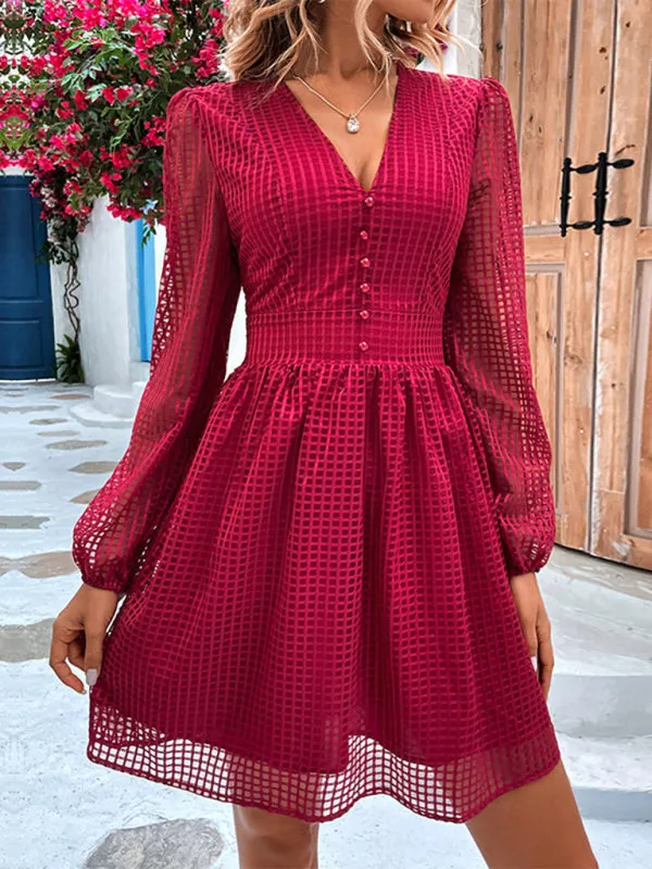 Square Mesh Lantern Sleeve V-Neck Swing Mini Dress