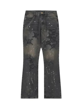 Thesupermade Leather Skull Splash Ink Micro-flared Jeans