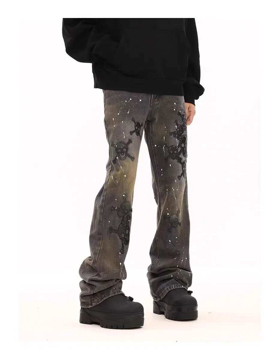 Thesupermade Leather Skull Splash Ink Micro-flared Jeans