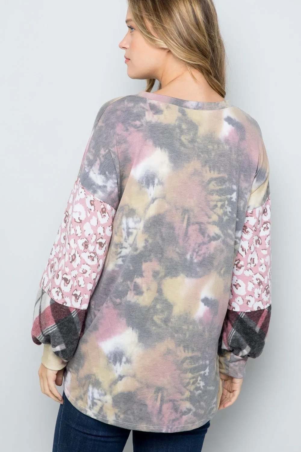 Tie-Dye V-Neck Printed Sleeve Blouse