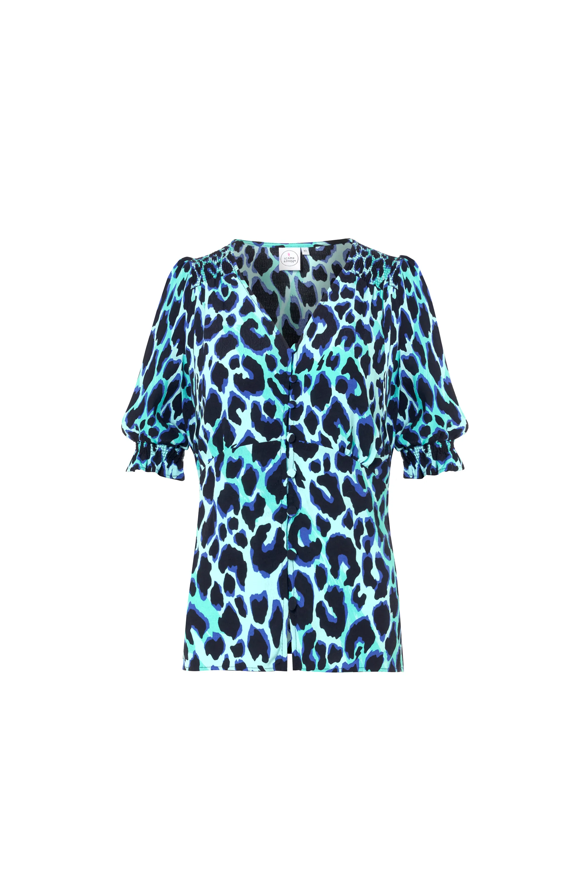 Turquoise with Black and Blue Shadow Leopard Button Through Blouse