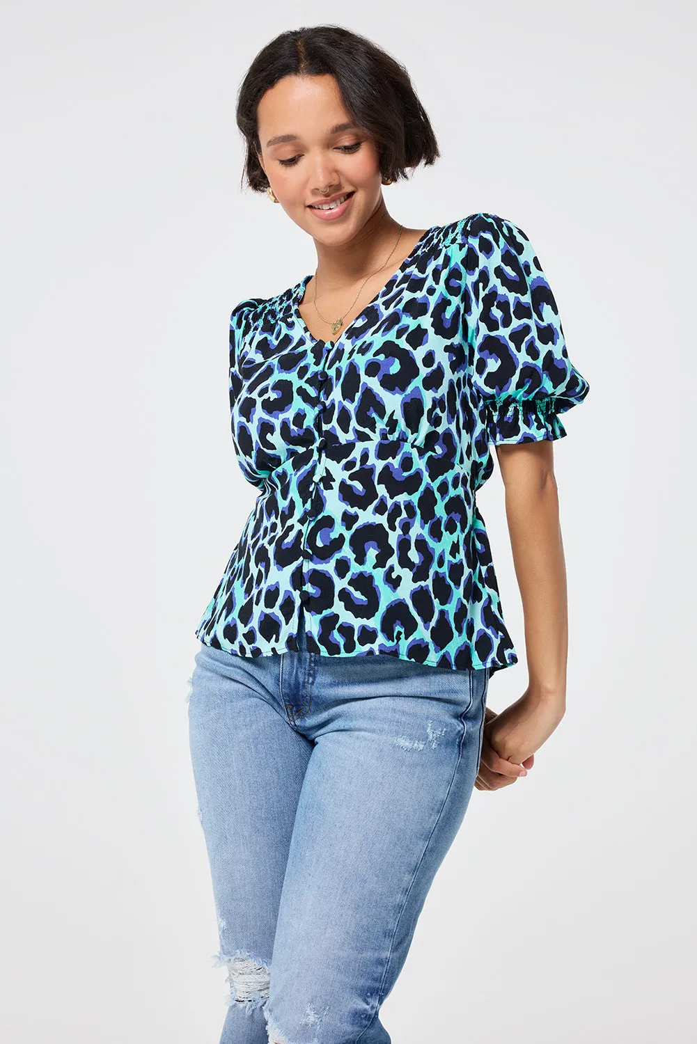 Turquoise with Black and Blue Shadow Leopard Button Through Blouse