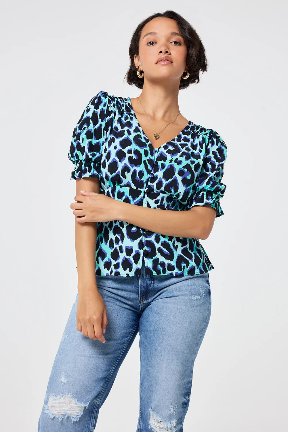 Turquoise with Black and Blue Shadow Leopard Button Through Blouse