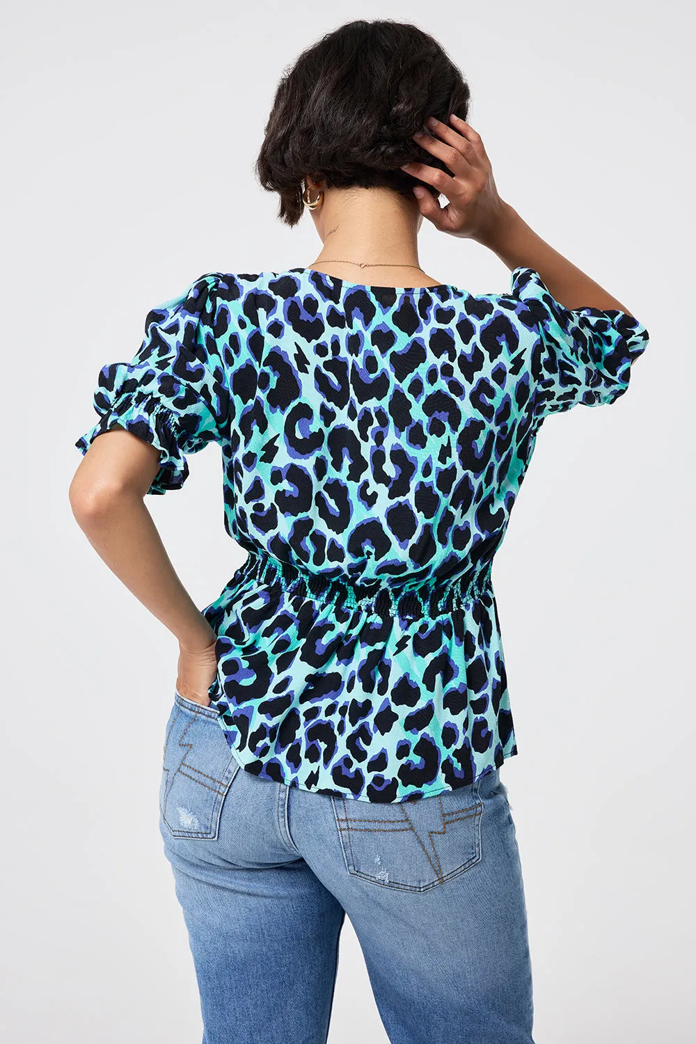 Turquoise with Black and Blue Shadow Leopard Button Through Blouse