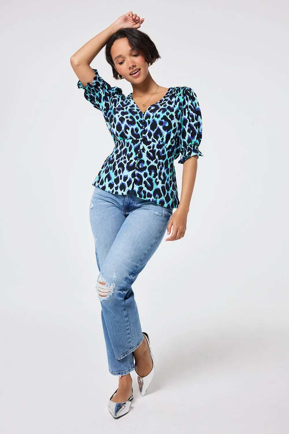 Turquoise with Black and Blue Shadow Leopard Button Through Blouse