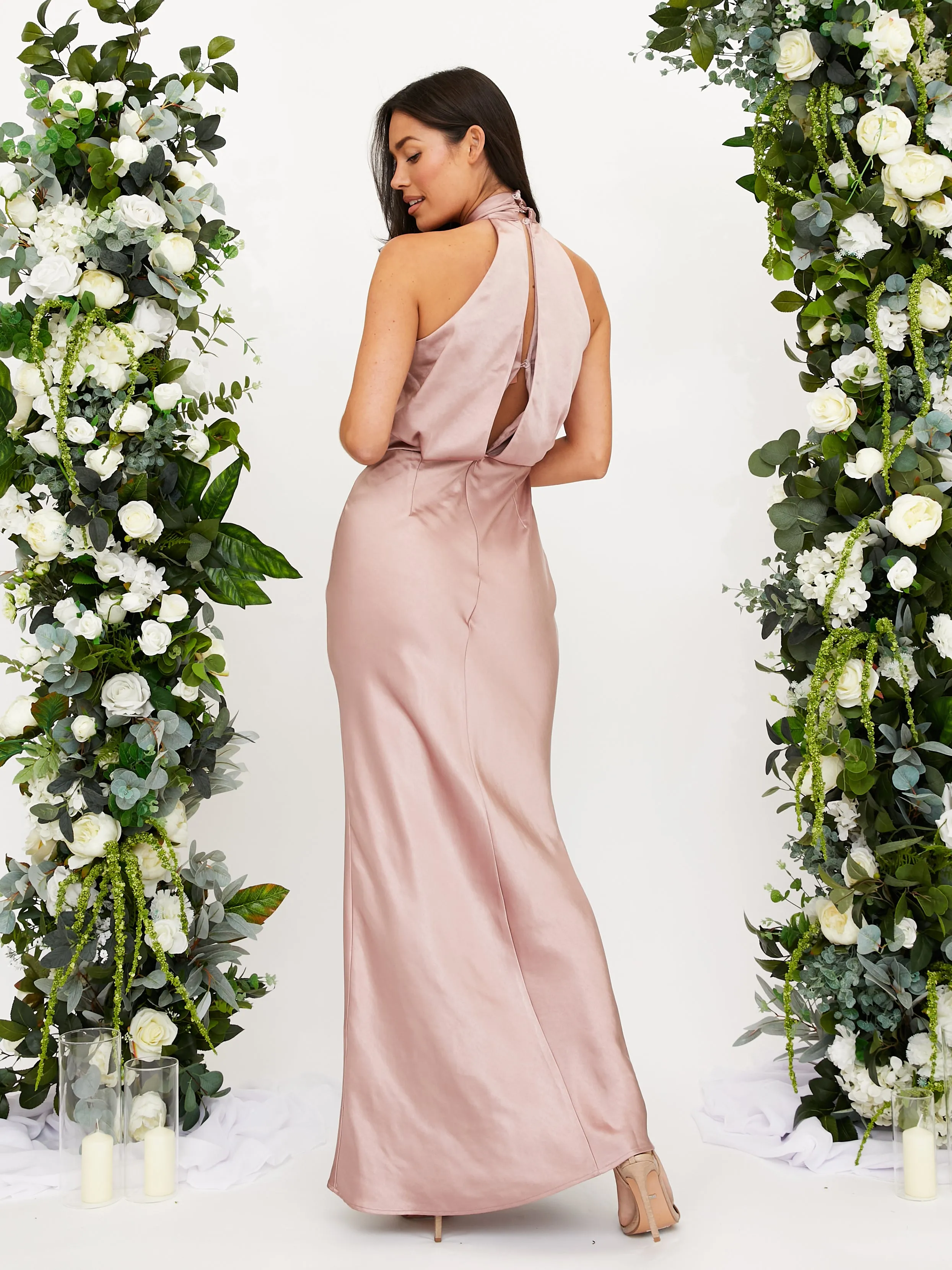 Twist Neck Satin Maxi Dress / Blush