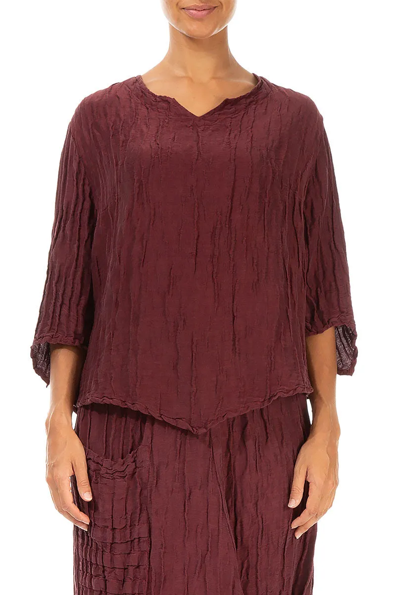 V-Neck Crinkled Burgundy Silk Blouse