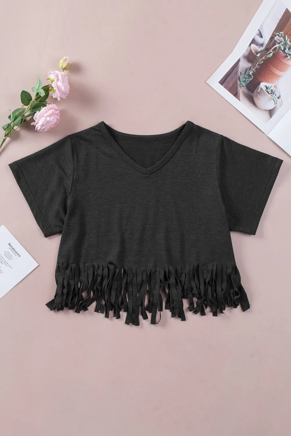 V-Neck Fringe Hem T-Shirt