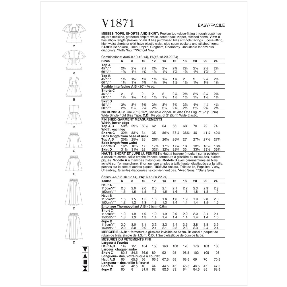 V1871 Misses' Tops, Shorts and Skirt