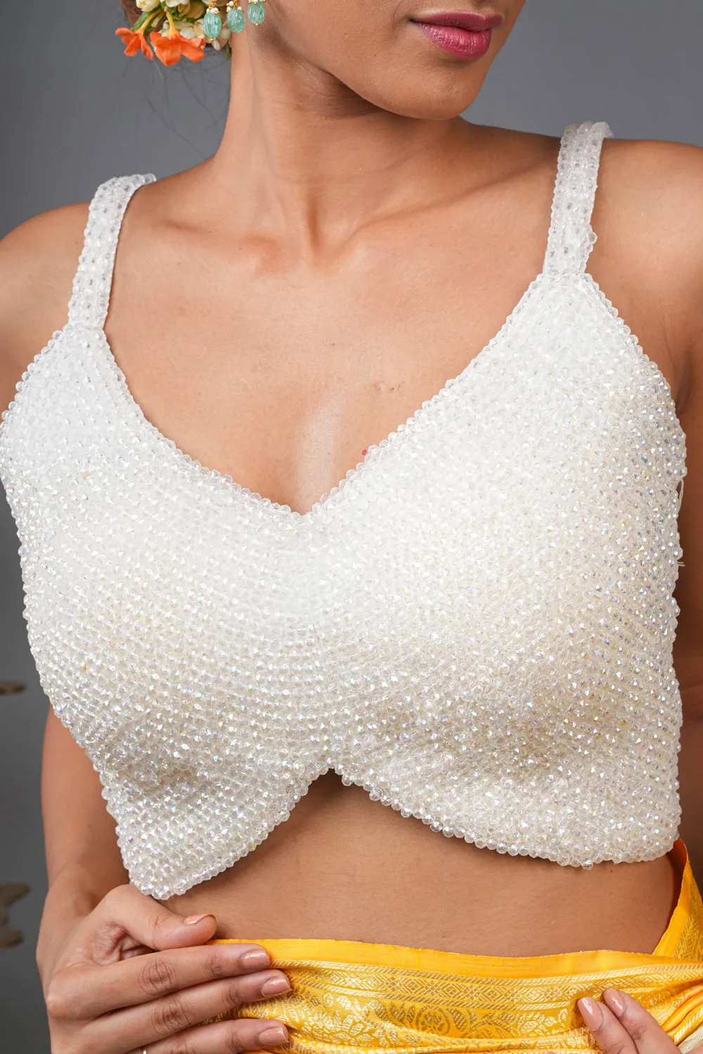 White translucent embedded beads strappy blouse