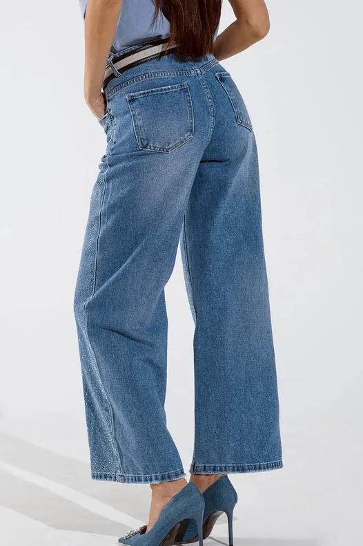 Wide Leg Jeans With Exposed Buttons And Stras Details In Mid