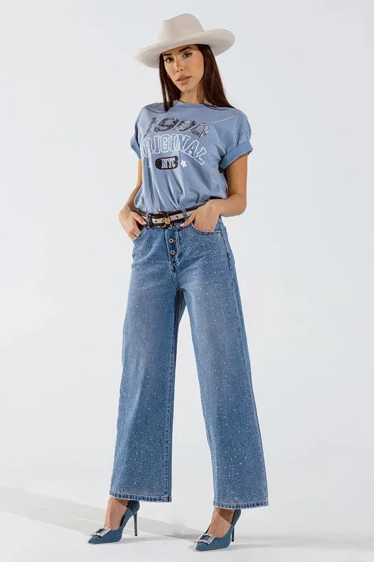 Wide Leg Jeans With Exposed Buttons And Stras Details In Mid