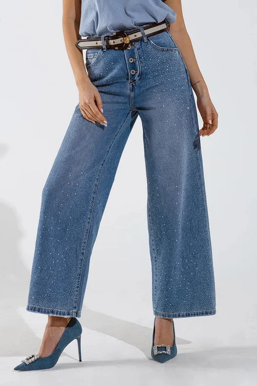 Wide Leg Jeans With Exposed Buttons And Stras Details In Mid