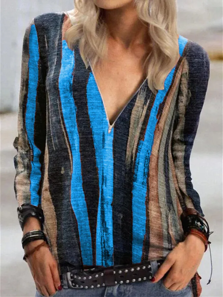 Women Colorful Stripe V-Neck Zip Front Casual Long Sleeve Blouses