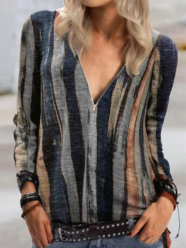 Women Colorful Stripe V-Neck Zip Front Casual Long Sleeve Blouses