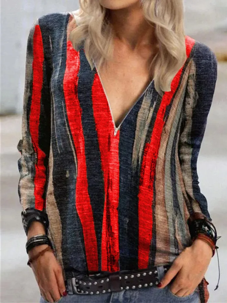 Women Colorful Stripe V-Neck Zip Front Casual Long Sleeve Blouses