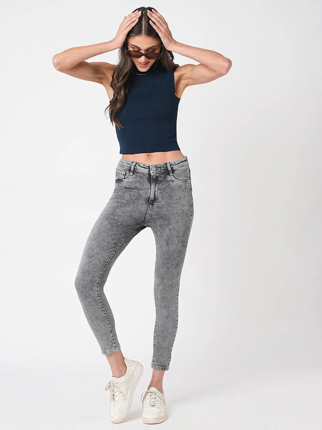 Women Grey High-Rise Skinny Jeans