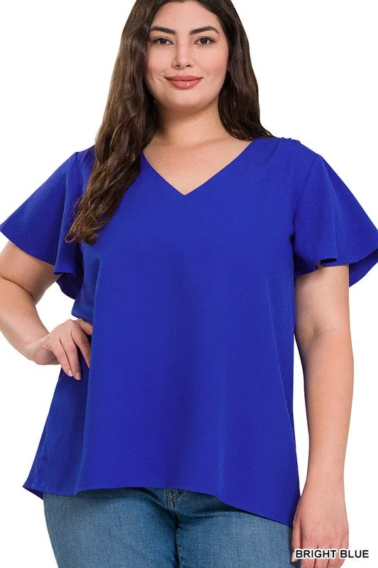 Woven Flutter Sleeve V-Neck Top